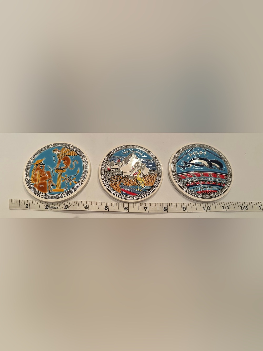 3 Hand Made NIARCHOS HELLOS Greece Greek Round Ceramic Tiles Myconos Delos